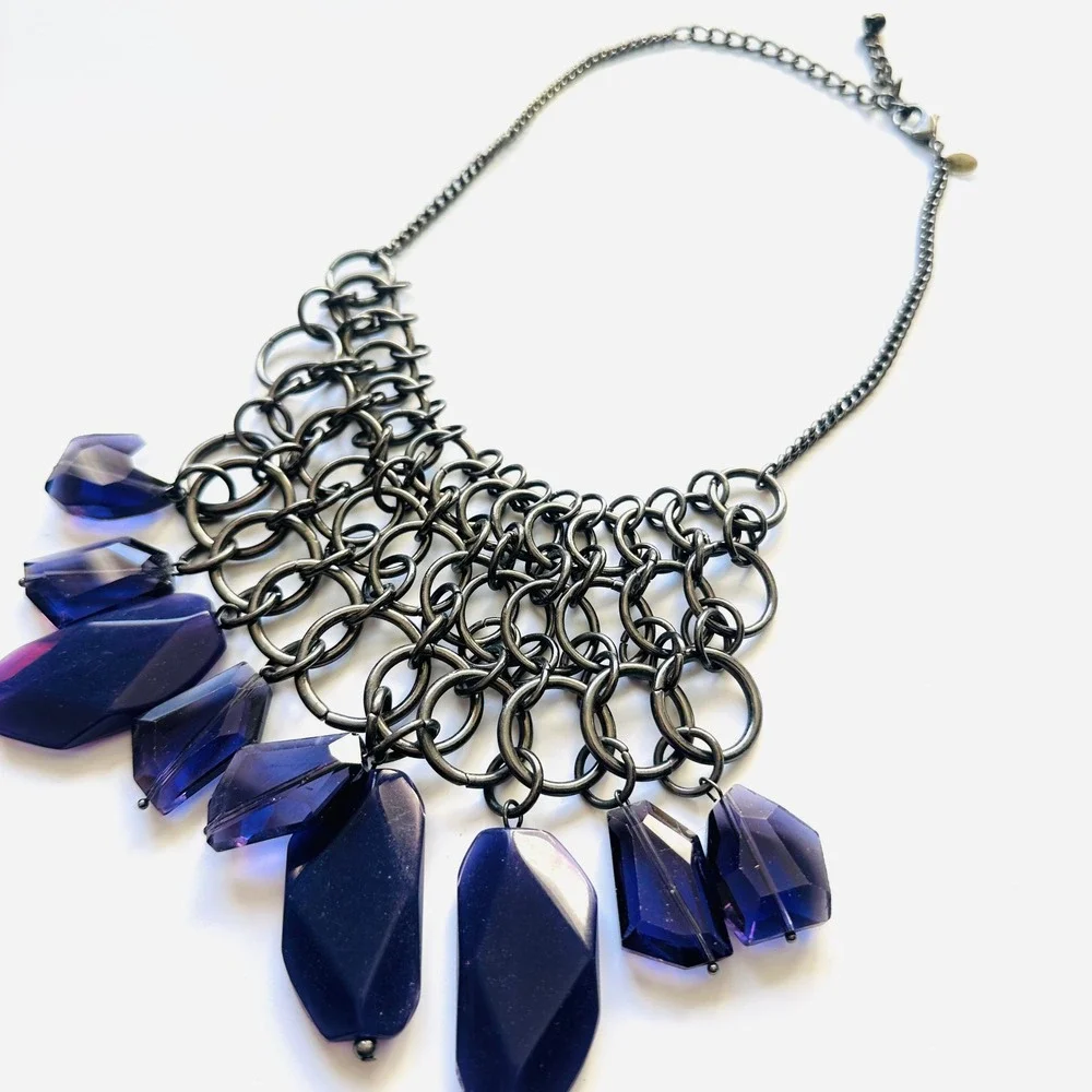 Chicos Gunmetal Chain Necklace Purple Faceted Gem‎ Dangle Statement